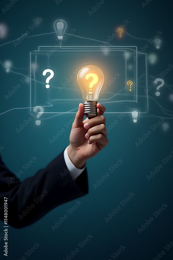 Poster Businessmen hold light bulbs to represent ideas and solutions to problems while using a virtual screen with a question mark icon._00002_