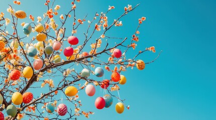 A vibrant Easter egg tree with colorful eggs hanging from its branches, set against a clear blue sky.