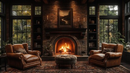 Fototapeta premium Cozy brick room, fireplace burning, leather chairs.