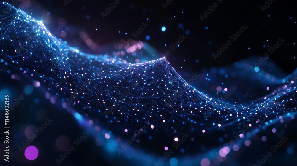 Poster colorful digital waves create a mesmerizing visual display of interconnected points and lines agains