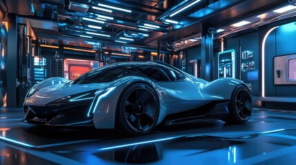 Futuristic Sports Car in Neon Garage 