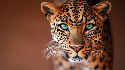 Obraz premium A close up of a leopard's face with green eyes