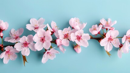 Obraz premium Delicate pink cherry blossoms on blue background