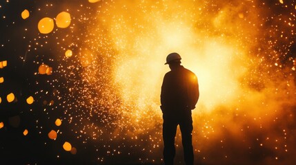 A welder's silhouette against a backdrop of flying sparks, showcasing the artistry and intensity of modern craftsmanship.