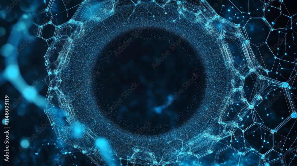 Poster exploring intricate patterns of digital technology with a focus on blue and black tones representing