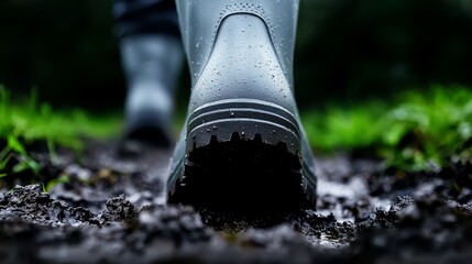 A close up of a pair of rubber boots in the mud