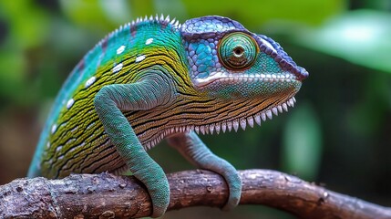 Obraz premium A vibrant chameleon perched on a branch, showcasing its colorful scales and intricate patterns against a lush, green background.