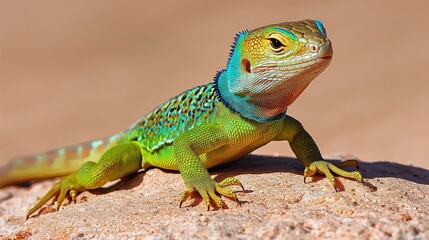 Fototapeta premium A vibrant lizard with blue and green scales rests on a rock under sunlight, showcasing its striking colors against a desert backdrop.