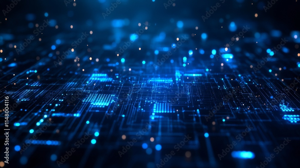 Poster abstract digital technology background depicting illuminated blue circuitry and data patterns in a m