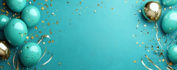 A wide banner with balloons and confetti, a blue background with gold stars and ribbons, balloons in shades of dark turquoise and light sky blue