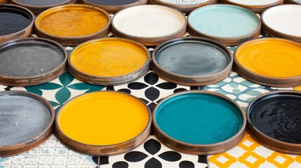 Fototapeta premium Colorful paint samples on a patterned surface