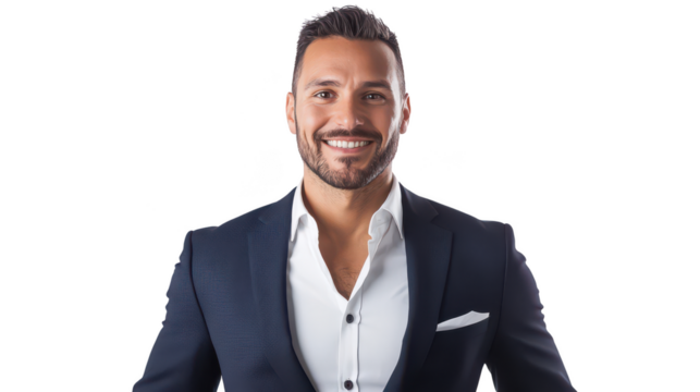 Confident Man in Formal Attire Smiling Against a White Background