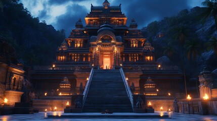 3D Illustration of an Indian Temple with Grand Staircase at Evening - Realistic Lighting.AI generated illustration