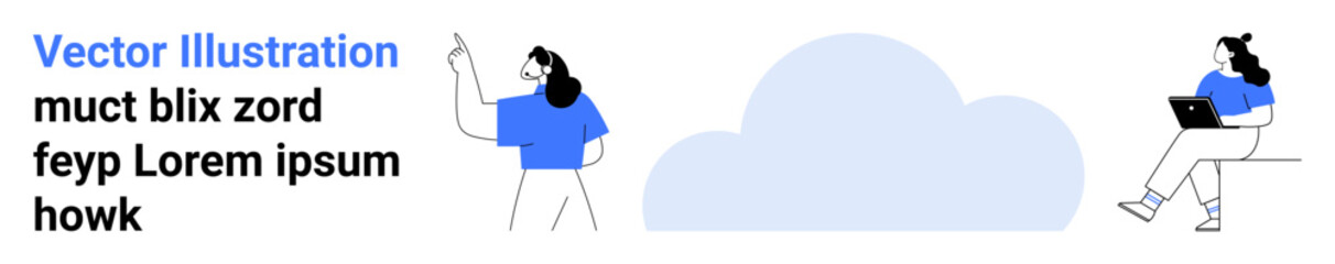 Two people, one pointing up and another sitting with a laptop. Large cloud between them. Ideal for technology, communication, teamwork, remote work, networking, modern lifestyle. Landing page