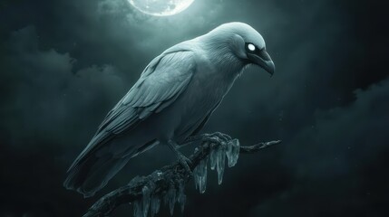 Fototapeta premium Albino raven with glowing eyes sitting on a crystal branch under moonlight, wildlife, surreal mysticism