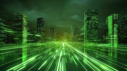 Digital Cityscape:  A futuristic cityscape of glowing green skyscrapers and shimmering neon lines, a visual representation of progress, technology, and innovation. 