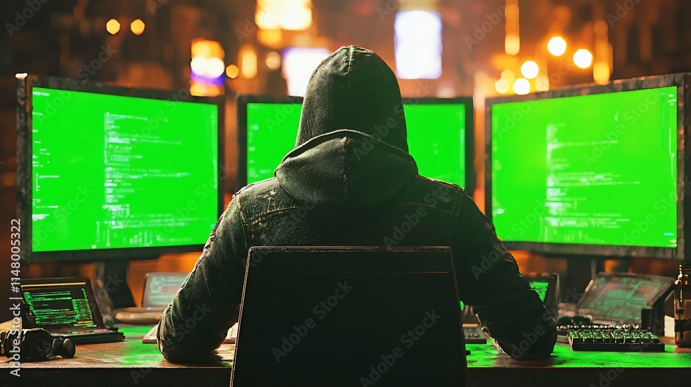 Poster Hooded Hacker Working Late At Multiple Computer Screens