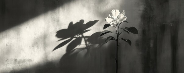 Single Flower Illuminated by Sunlight. Shadows on Wall, Delicate Petals. Black and White, Monochrome