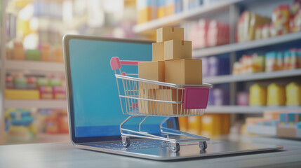 A  mini shopping trolley heaped with packages on a laptop symbolising e-commerce and online shopping.