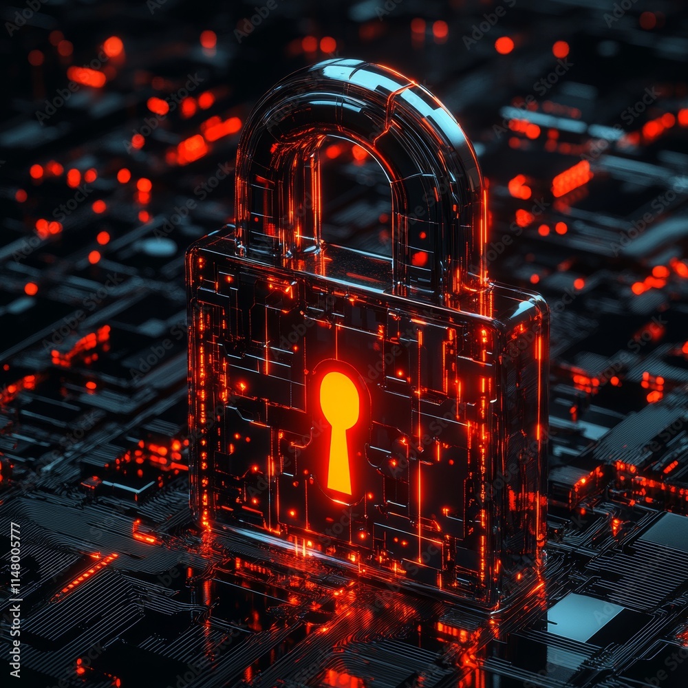 Poster digital lock symbolizing cybersecurity in a futuristic setting with glowing elements and intricate p