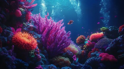 3D Render of a Colorful Coral Reef with Glowing Anemones and Sea Lions - Cinematic Underwater Scene. AI generated illustration