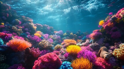 Naklejka premium 3D Render of a Colorful Coral Reef with Glowing Anemones and Sea Lions - Cinematic Underwater Scene. AI generated illustration