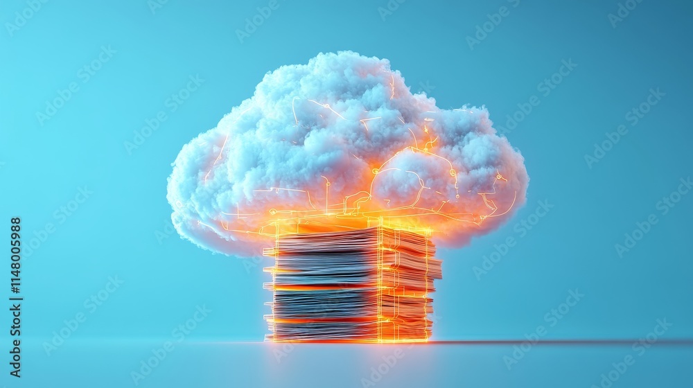 Poster cloud storage technology visualized with glowing digital stack symbolizing data management and acces