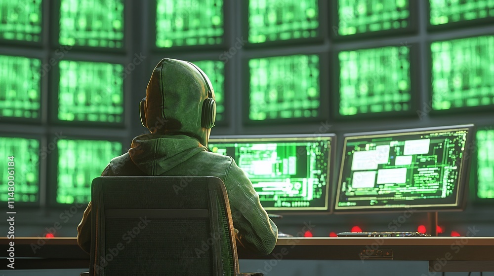 Poster Hooded Hacker Working On Multiple Computer Screens
