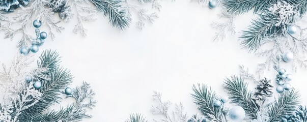 A wide white background with delicate snowflakes and pine branches in shades of light blue, adorned with sparkling glitter accents