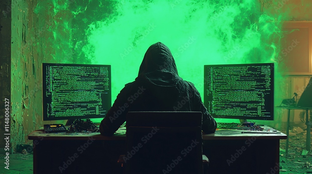 Poster hooded hacker working on dual monitors in a derelict room