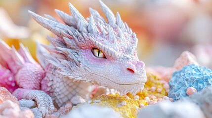 Obraz premium Pastel dragon nestled amongst colorful rocks.