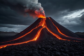 volcano with lava and lava flowing down it ' s sides