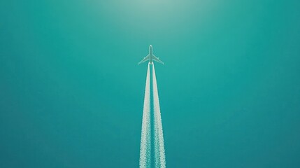 An airplane flying high, leaving a trail against a clear blue sky.