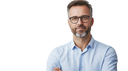 Professional Man in Blue Shirt Smiling with Arms Crossed