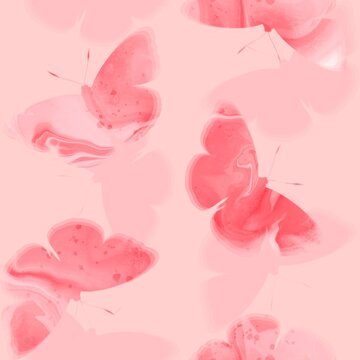 Abstract Hand Drawing Digital Painting Watercolor Flying Butterflies with Shadows Seamless Upholstery Textile Pattern Isolated Background