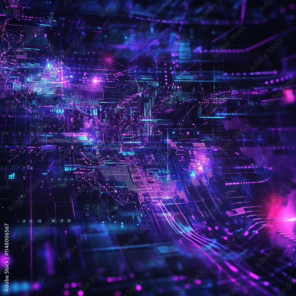 Poster digital landscape showcasing vibrant data streams and glowing patterns at night, representing advanc