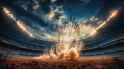 Spectacular Stadium Explosion: Fireworks and Dust Cloud