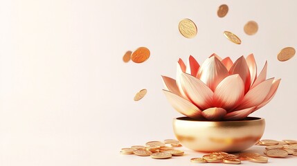3D Render of a Golden Lotus in a Pot with Flying Coins - Chinese New Year Celebration. AI generated illustration