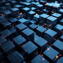 Obraz premium Abstract Arrangement of Glowing Blue Cubes Creating a Futuristic Digital Landscape With Intricate Details and Reflections at an Undefined Time