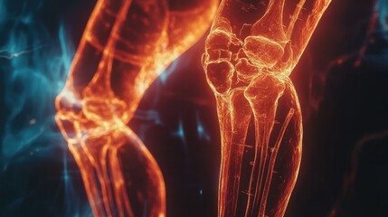 Glowing Human Knee Joint: A captivating 3D rendering of a human knee joint, illuminated with vibrant orange and blue hues.