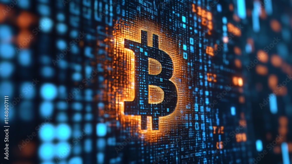 Poster digital representation of bitcoin symbol glowing amidst a matrix of numerical codes, showcasing the 