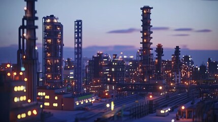 Fototapeta premium Industrial Twilight: A sprawling industrial complex glows with life under the dusky twilight sky, its towering structures casting long shadows across the landscape.