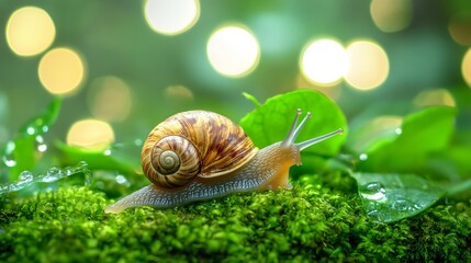 Close-up of a Snail on Moss in a Forest with Green Leaves and Water Droplets. AI generated illustration