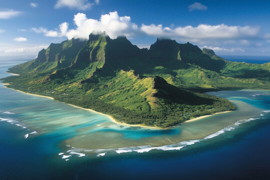 Ile paradisiaque aux montagnes verdoyantes et lagon turquoise en vue a&eacute;rienne