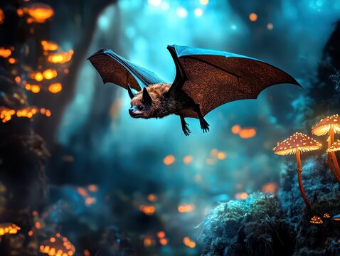 Crystalwinged bat flying over glowing mushrooms in enchanted caves, wildlife, surreal mystery