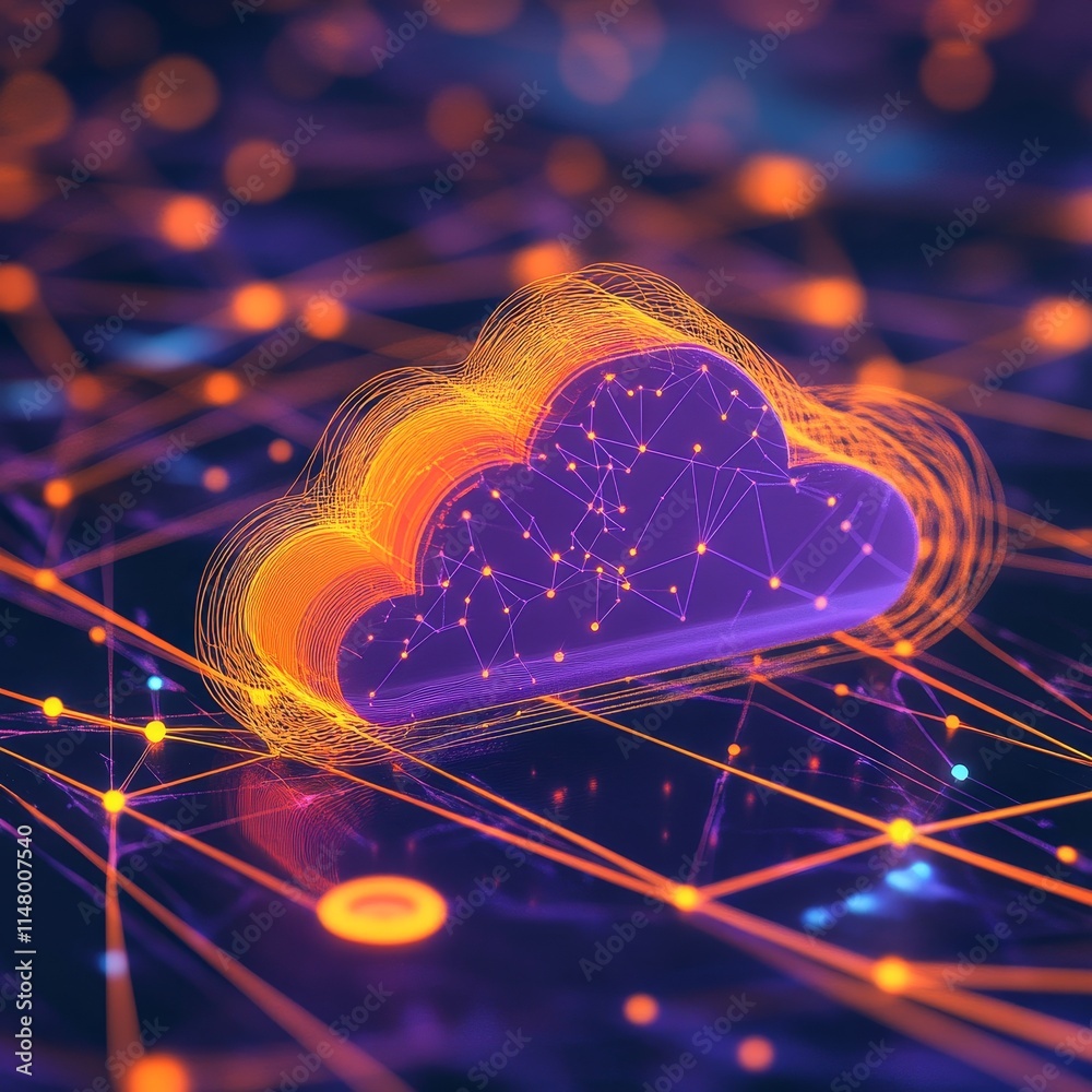 Poster modern digital representation of cloud computing technology with vibrant connections and network lin