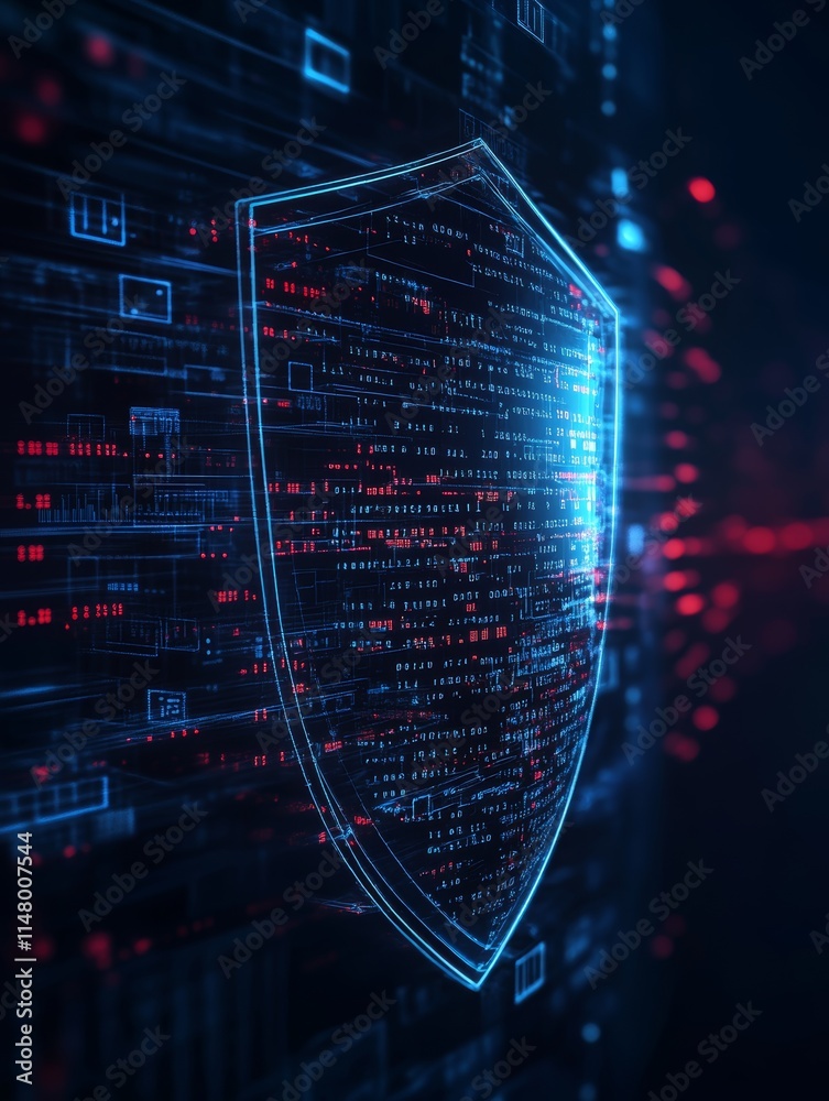 Poster digital shield representing cybersecurity with glowing data streams in a dark virtual environment