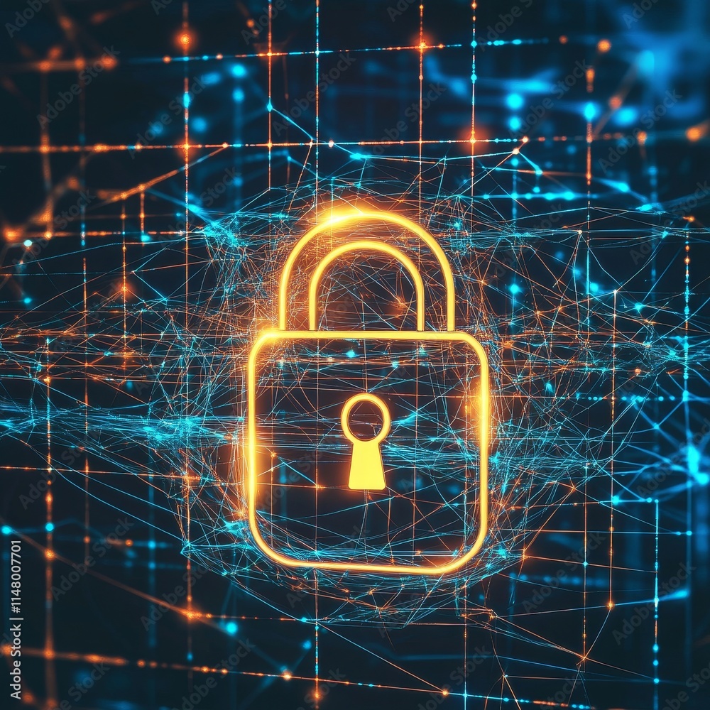 Aufkleber protecting digital information with a glowing padlock symbol representing cybersecurity and data enc