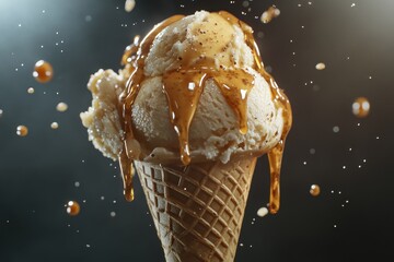Delicious ice cream cone topped with caramel drizzle against a dark background
