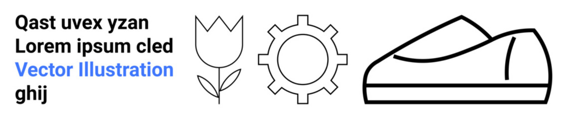 Tulip flower, gear, and shoe line art symbols alongside sample text. Ideal for modern branding, minimalistic design, web graphics, tech interfaces, education, hobbies, and footwear. Landing page
